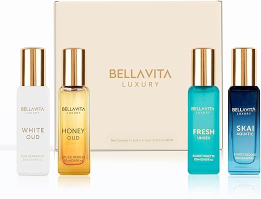 BellaVita Luxury Unisex Perfume Gift Set for Women & Men | Includes Honey OUD, SKAI, FRESH, White OUD, Perfume Set | Long Lasting Perfume Scents | Premium Collection Perfumes (4x20ml)