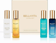 BellaVita Luxury Unisex Perfume Gift Set for Women & Men | Includes Honey OUD, SKAI, FRESH, White OUD, Perfume Set | Long Lasting Perfume Scents | Premium Collection Perfumes (4x20ml)